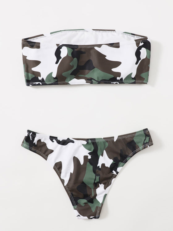 Camo Print Bandeau Bikini Swimsuit