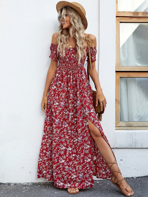 VCAY Off Shoulder Ditsy Floral High Split Dress