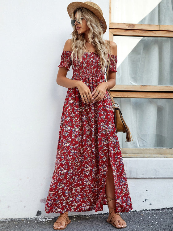 VCAY Off Shoulder Ditsy Floral High Split Dress