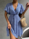 Ditsy Floral Flutter Sleeve Overlap Collar Tie Front Dress