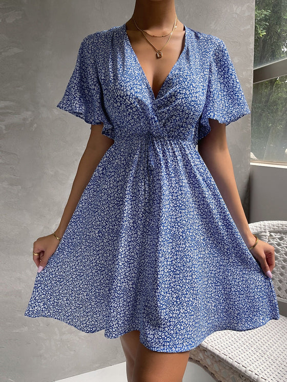 Ditsy Floral Flutter Sleeve Overlap Collar Tie Front Dress