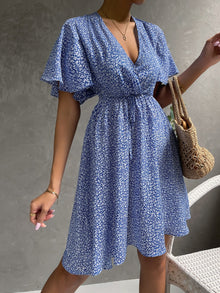  Ditsy Floral Flutter Sleeve Overlap Collar Tie Front Dress