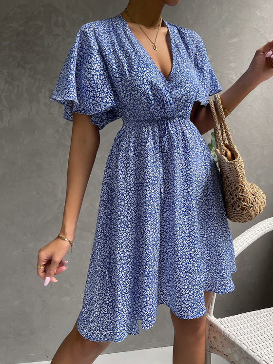 Ditsy Floral Flutter Sleeve Overlap Collar Tie Front Dress