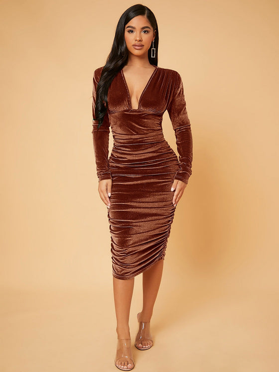 BAE Deep V Neck Ruched Velvet Bodycon Dress