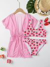 3pack Girls Strawberry Print Bikini Swimsuit Kimono