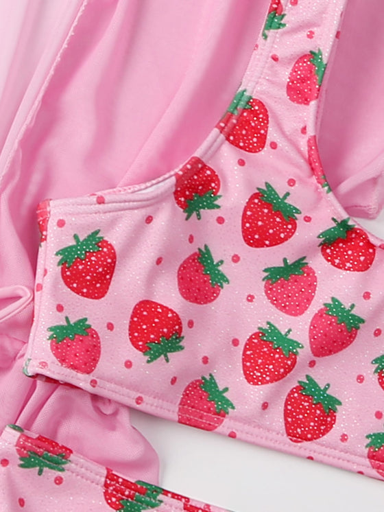 3pack Girls Strawberry Print Bikini Swimsuit Kimono