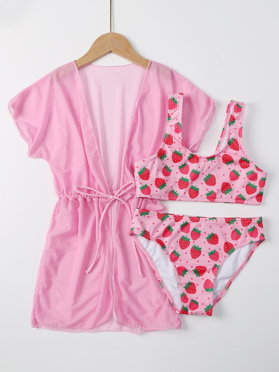 3pack Girls Strawberry Print Bikini Swimsuit Kimono