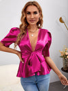 Plunging Neck Puff Sleeve Knot Waist Peplum Satin Blouse