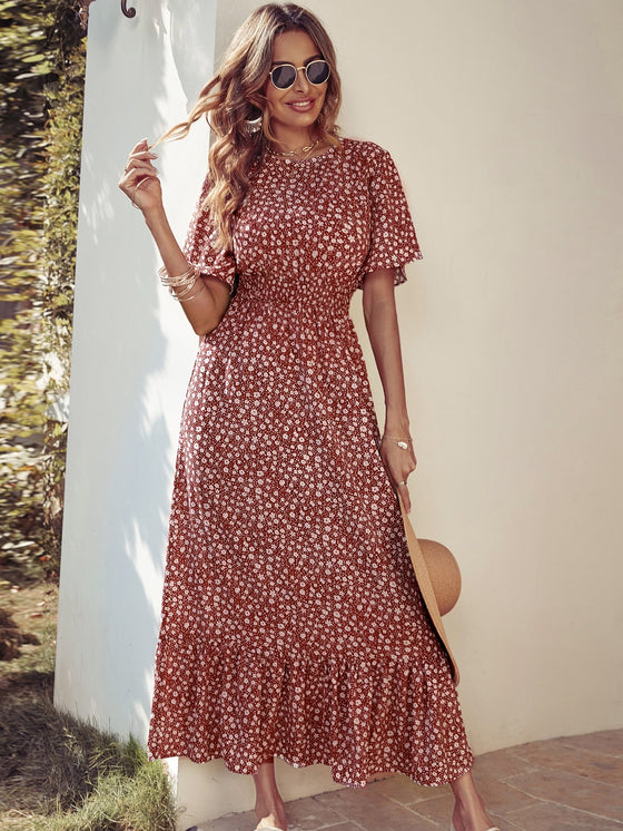 Ditsy Floral Flutter Sleeve Shirred Waist Ruffle Hem Dress