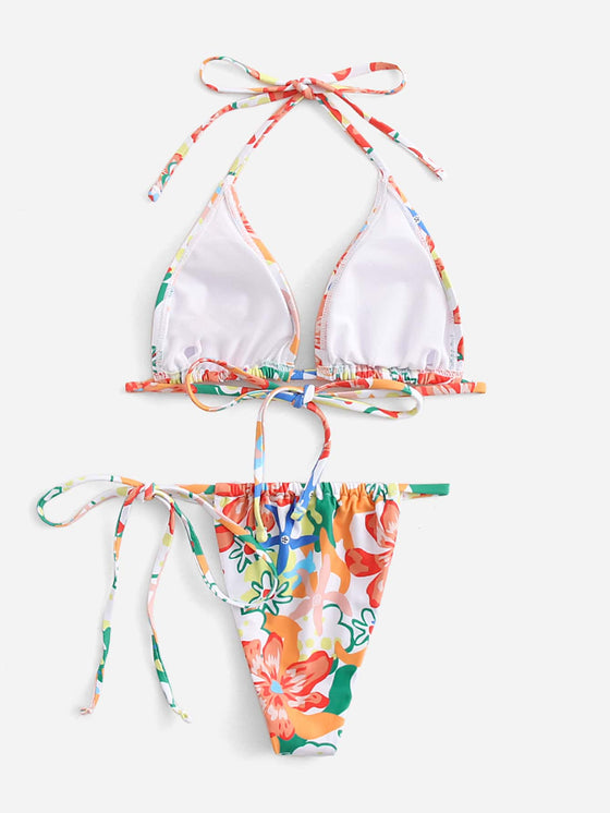 Floral Print Triangle Tie Side Bikini Swimsuit