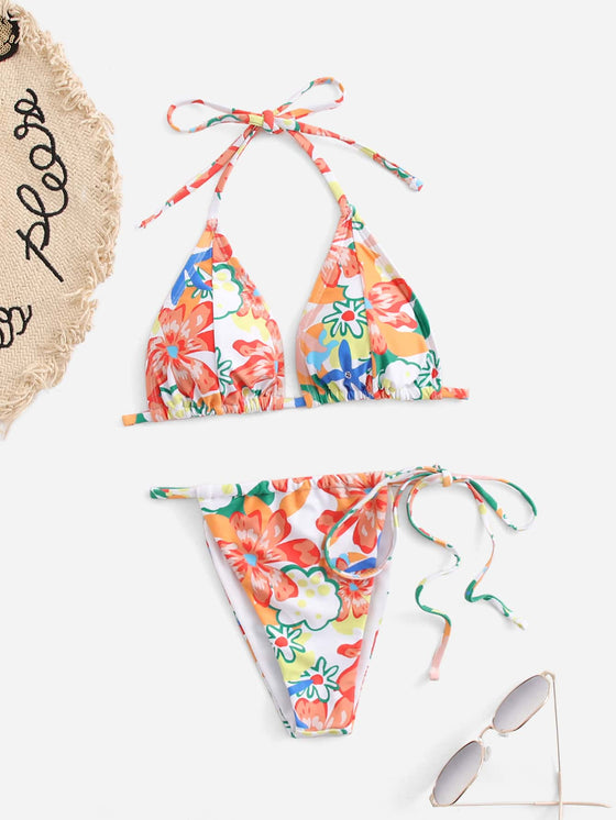 Floral Print Triangle Tie Side Bikini Swimsuit