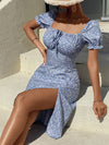 Ditsy Floral Tie Front Square Neck Puff Sleeve Slit Thigh Dress