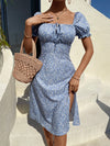 Ditsy Floral Tie Front Square Neck Puff Sleeve Slit Thigh Dress