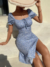 Ditsy Floral Tie Front Square Neck Puff Sleeve Slit Thigh Dress