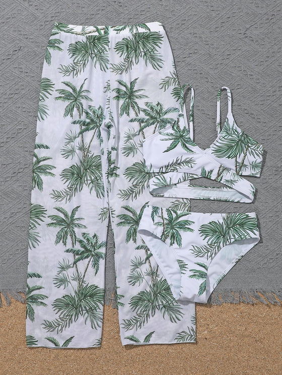 3pack Girls Palm Tree Print Wrap Bikini Swimsuit Cover Up Pants