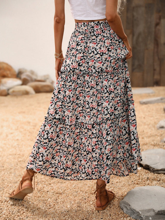 Allover Floral Print Frill Trim Skirt