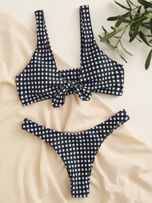  Plaid Knot Front High Cut Bikini Swimsuit