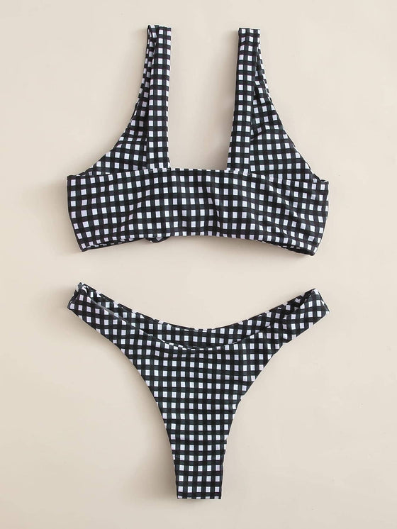 Plaid Knot Front High Cut Bikini Swimsuit