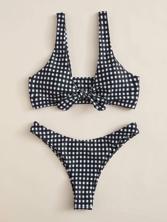 Plaid Knot Front High Cut Bikini Swimsuit