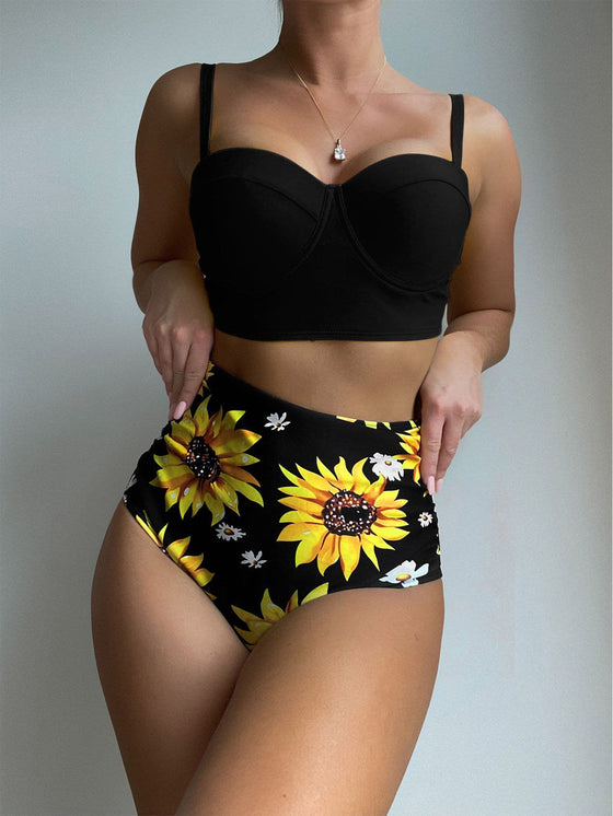 Sunflower Print Push Up High Waisted Bikini Swimsuit