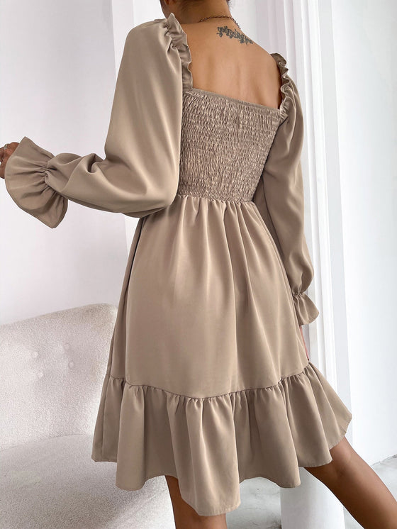 Square Neck Shirred Bodice Flounce Sleeve Ruffle Hem Dress