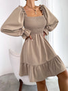 Square Neck Shirred Bodice Flounce Sleeve Ruffle Hem Dress