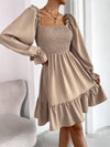 Square Neck Shirred Bodice Flounce Sleeve Ruffle Hem Dress