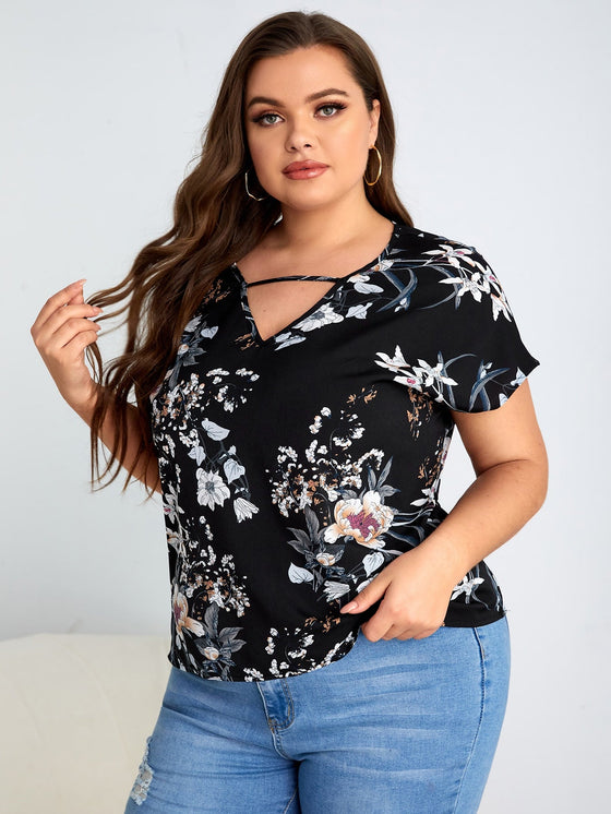 Plus V neck Floral Top