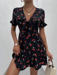  Cherry Print Flounce Sleeve Tie Front Ruffle Hem Dress