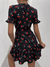 Cherry Print Flounce Sleeve Tie Front Ruffle Hem Dress