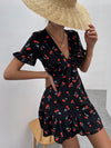 Cherry Print Flounce Sleeve Tie Front Ruffle Hem Dress