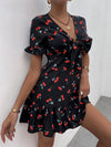 Cherry Print Flounce Sleeve Tie Front Ruffle Hem Dress