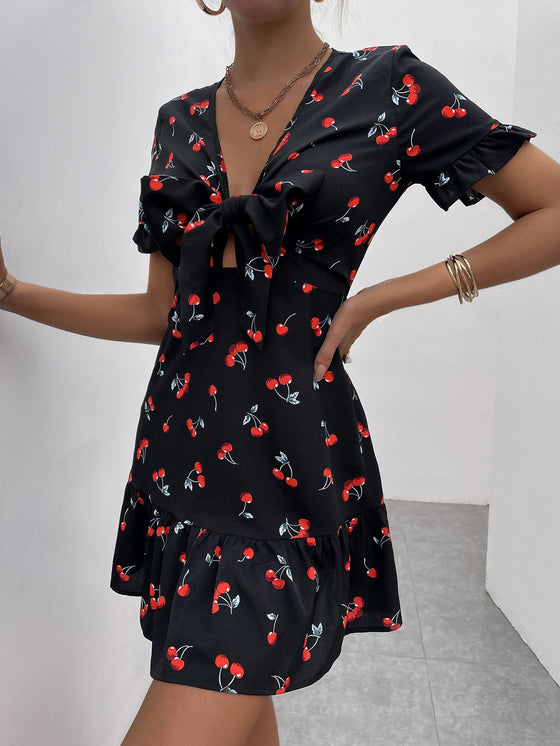 Cherry Print Flounce Sleeve Tie Front Ruffle Hem Dress