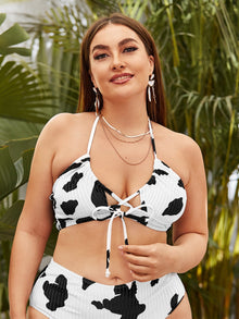  Plus Cow Print Tie Front Bikini Top