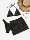 3pack Rhinestone Studded Halter Bikini Swimsuit Beach Skirt