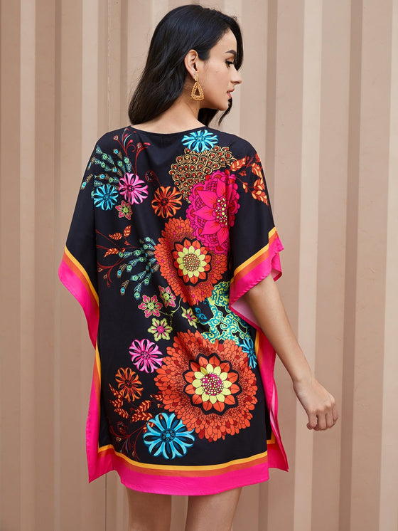 Mandala Print Notch Neck Tunic Dress