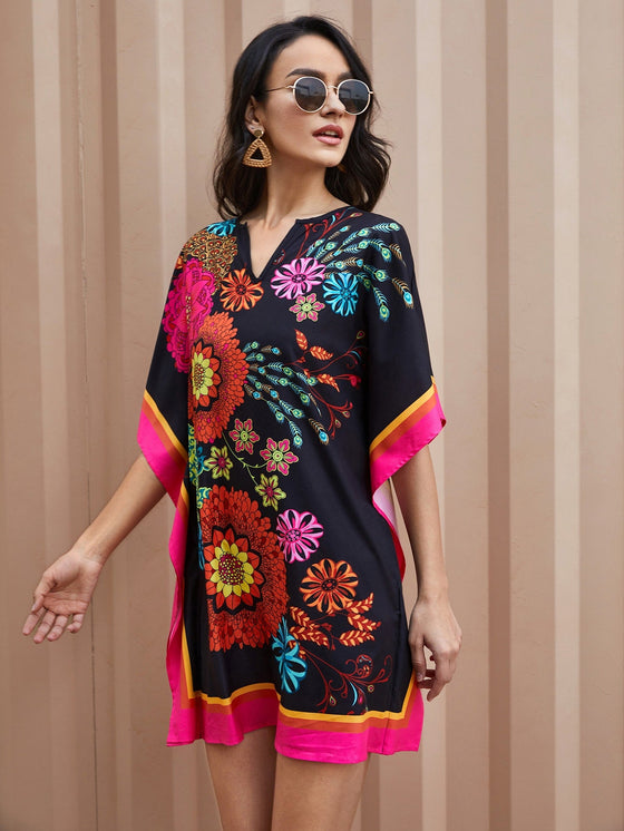 Mandala Print Notch Neck Tunic Dress