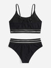 Girls Solid Contrast Mesh Bikini Swimsuit