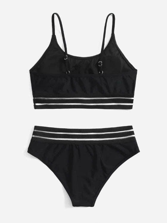 Girls Solid Contrast Mesh Bikini Swimsuit