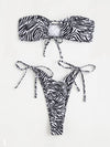 Zebra Stripe Tie Front Bandeau Bikini Swimsuit