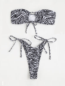  Zebra Stripe Tie Front Bandeau Bikini Swimsuit