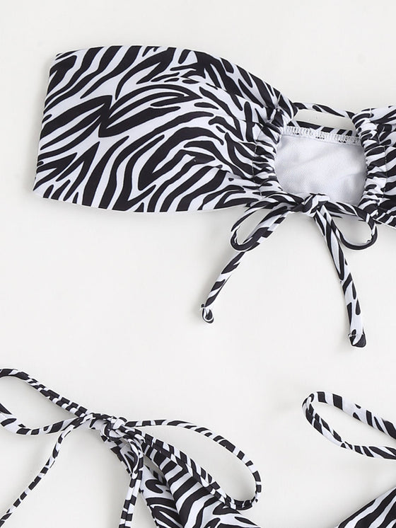 Zebra Stripe Tie Front Bandeau Bikini Swimsuit