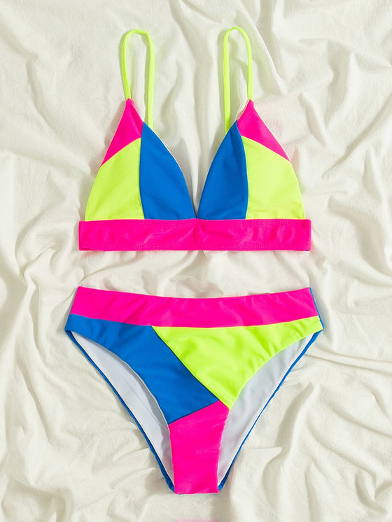 Color Block Micro Triangle Bikini Swimsuit