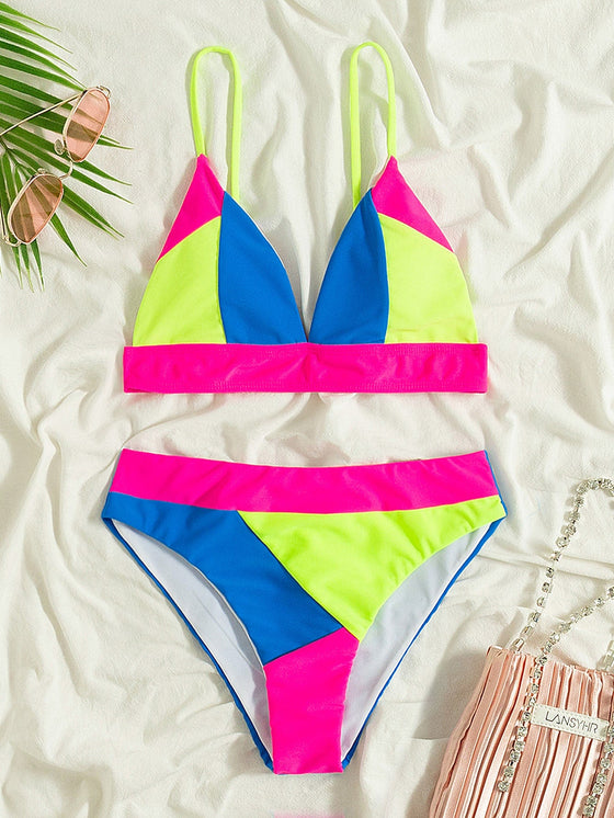 Color Block Micro Triangle Bikini Swimsuit