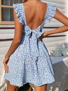  Frenchy Ditsy Floral Backless Knot Ruffle Trim Dress