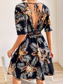  Tropical Print Backless Knot Guipure Lace Detail Plunging Neck Dress