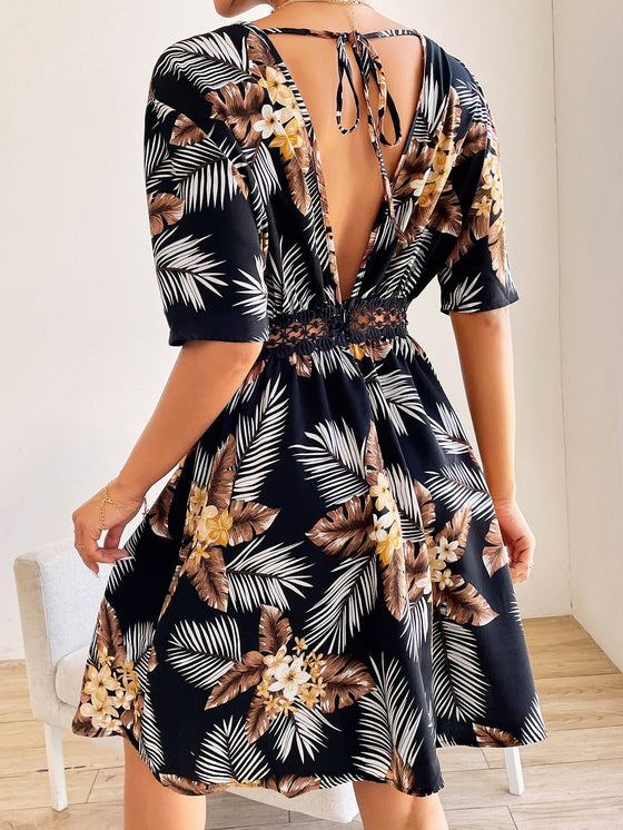 Tropical Print Backless Knot Guipure Lace Detail Plunging Neck Dress