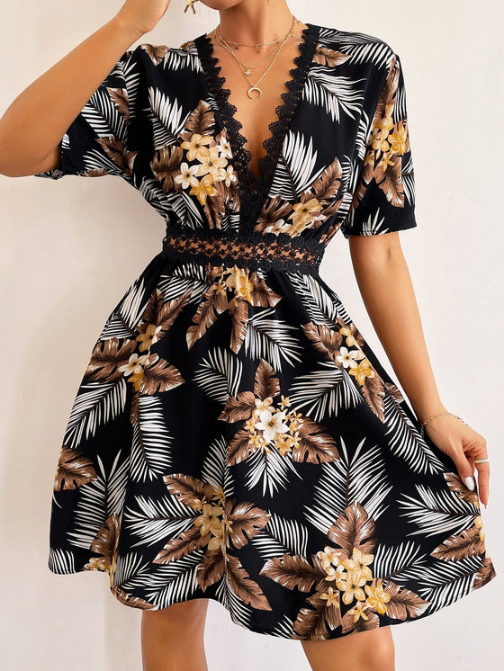 Tropical Print Backless Knot Guipure Lace Detail Plunging Neck Dress