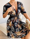 Tropical Print Backless Knot Guipure Lace Detail Plunging Neck Dress