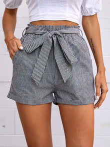  Striped Print Belted Straight Leg Shorts